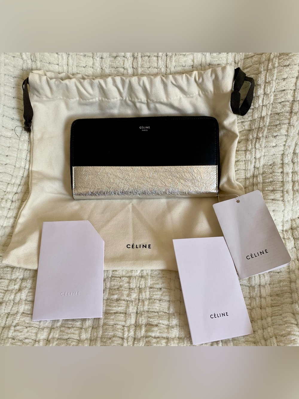 Celine Black Silver Bicolor Zip Around Continental Wallet Clutch NWT